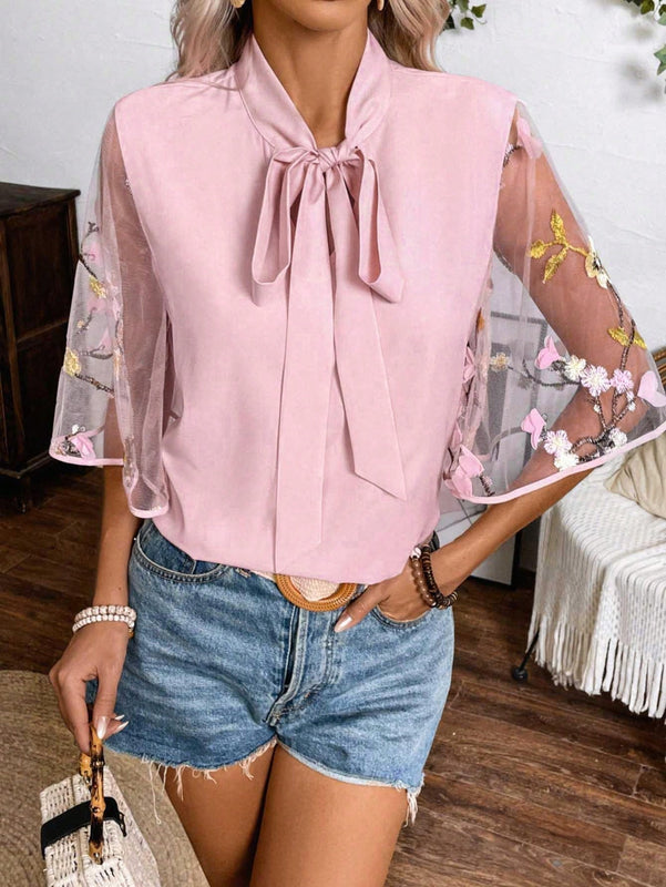 Clasi Camisa de primavera/verano para mujer con cinturon de lazo y manga de bordado 3D