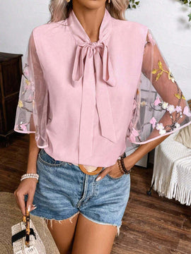 Camisa de primavera/verano para mujer con cinturon de lazo y manga de bordado 3D