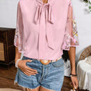 Clasi Camisa de primavera/verano para mujer con cinturon de lazo y manga de bordado 3D