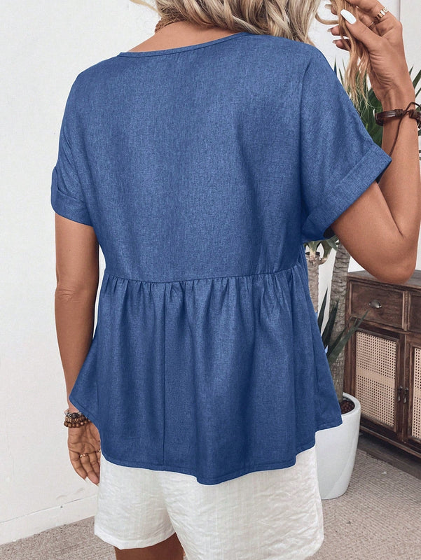 JORESS Camisa plisada casual de cuello redondo y textura de malla para mujer en verano