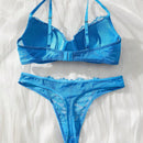 Conjunto De Lenceria De Encaje Con Insercion Solida De Color Para Mujer