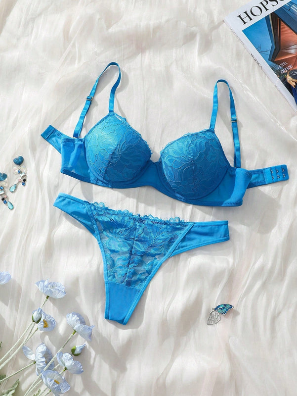 Conjunto De Lenceria De Encaje Con Insercion Solida De Color Para Mujer