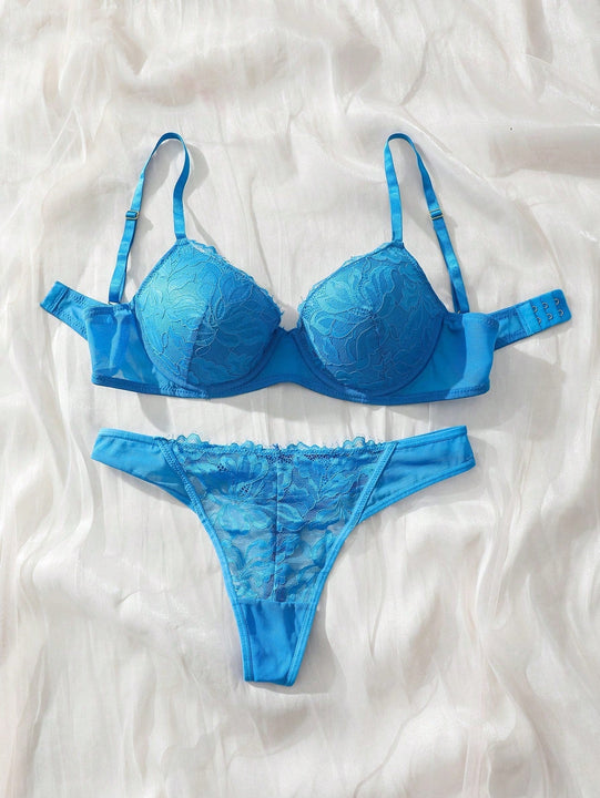 Conjunto De Lenceria De Encaje Con Insercion Solida De Color Para Mujer