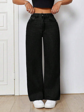 PETITE Jeans de pierna recta y diseno de bolsillos oblicuos y rotos, perfectos para salidas informales