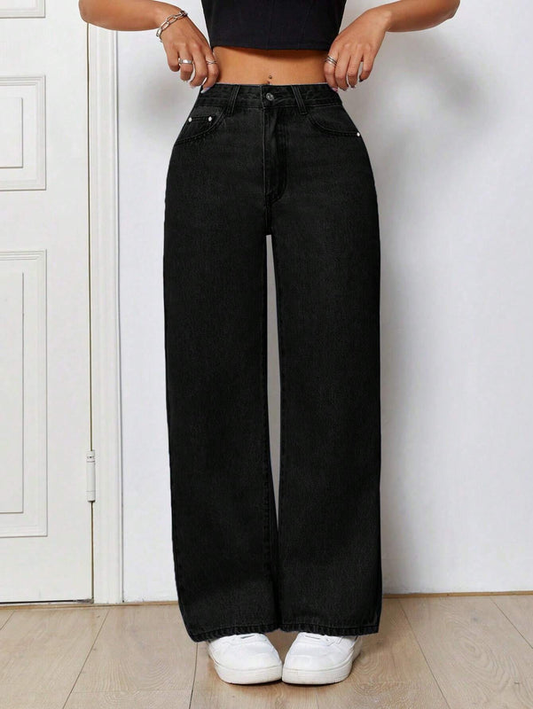 PETITE Jeans de pierna recta y diseno de bolsillos oblicuos y rotos, perfectos para salidas informales