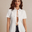 Camisas de mujer Camisa blanca solida Blusa con lazo delanteroAprieta la cintura Ropa de oficina Vestidos casuales para mujeres Blusa blanca de algodon Camisa blanca Cardigan de verano Top blanco Atuendo para fiesta de te