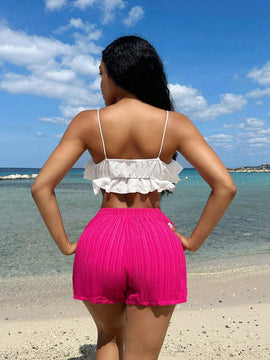 SXY Pantalones cortos solidos de textura para vacaciones en la playa de mujeres