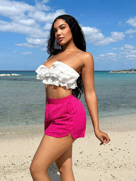 SXY Pantalones cortos solidos de textura para vacaciones en la playa de mujeres