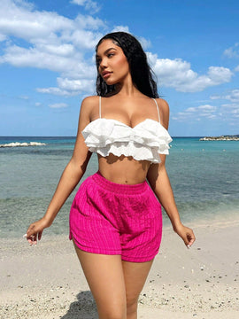 SXY Pantalones cortos solidos de textura para vacaciones en la playa de mujeres