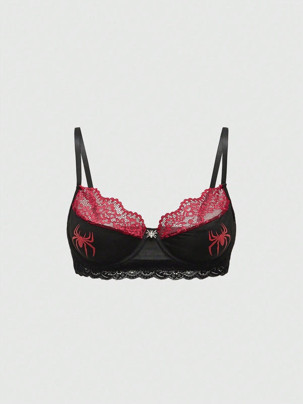 ROMWE Grunge Punk Sujetador tipo Bralette con patron oscuro de aranas Punk, refuerzo de aro e insercion de encaje