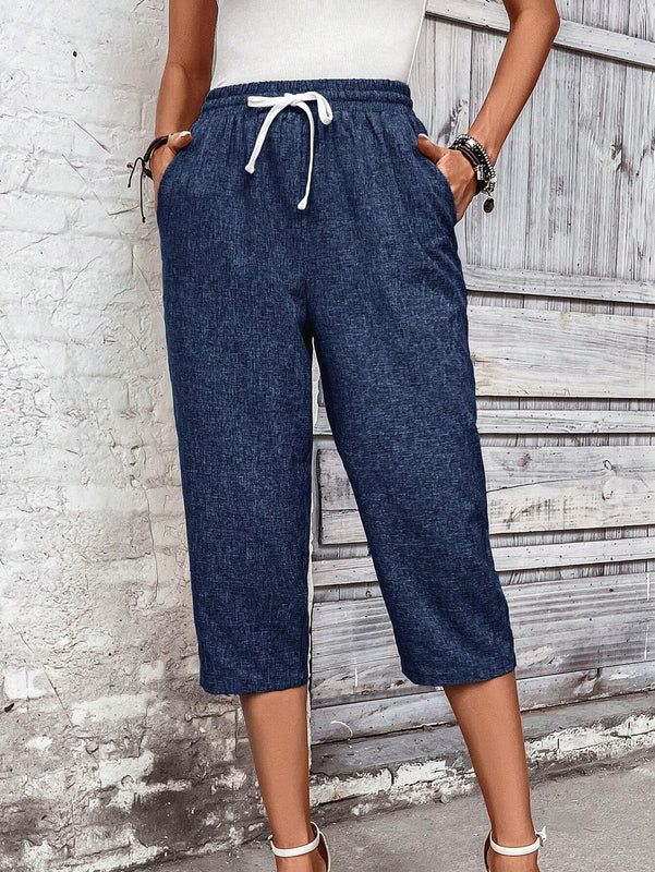 LUNE Pantalones de talle ajustado hasta la rodilla para mujeres con cordon ajustable en la cintura para vacaciones y tiempo libre