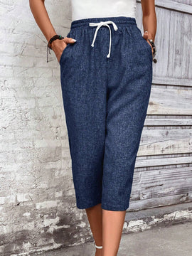 LUNE Pantalones de talle ajustado hasta la rodilla para mujeres con cordon ajustable en la cintura para vacaciones y tiempo libre