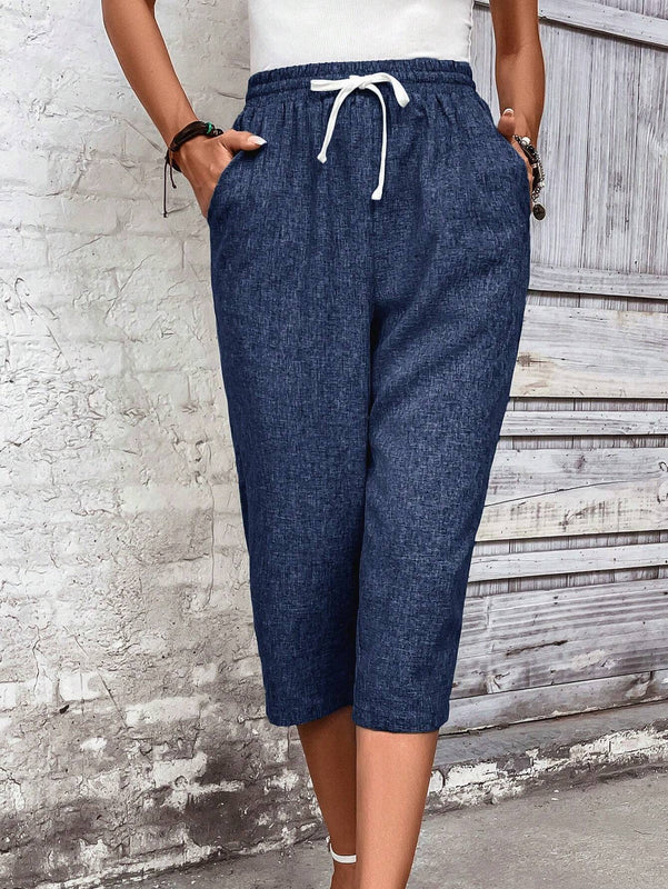 LUNE Pantalones de talle ajustado hasta la rodilla para mujeres con cordon ajustable en la cintura para vacaciones y tiempo libre