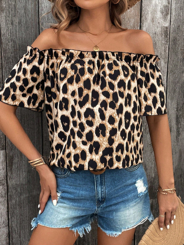Camisa de estampado de leopardo de hombros descubiertos para mujer de verano para uso casual y vacaciones del Dia de la Madre en el Festival de Musica del Campo