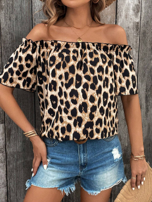 Camisa de estampado de leopardo de hombros descubiertos para mujer de verano para uso casual y vacaciones del Dia de la Madre en el Festival de Musica del Campo