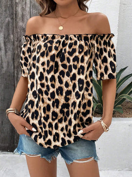 Camisa de estampado de leopardo de hombros descubiertos para mujer de verano para uso casual y vacaciones del Dia de la Madre en el Festival de Musica del Campo