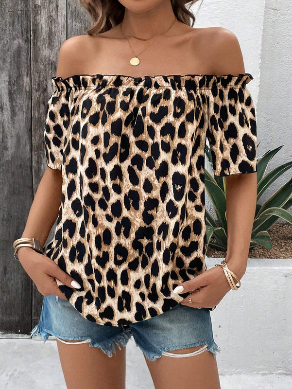 Camisa de estampado de leopardo de hombros descubiertos para mujer de verano para uso casual y vacaciones del Dia de la Madre en el Festival de Musica del Campo