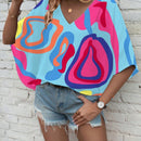 LUNE Mujeres V-cuello Tops de estilo playero con manga murcielago para la primavera y el verano con estampado al azar