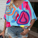 LUNE Mujeres V-cuello Tops de estilo playero con manga murcielago para la primavera y el verano con estampado al azar