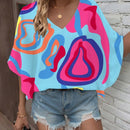 LUNE Mujeres V-cuello Tops de estilo playero con manga murcielago para la primavera y el verano con estampado al azar