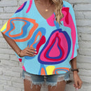 LUNE Mujeres V-cuello Tops de estilo playero con manga murcielago para la primavera y el verano con estampado al azar