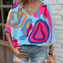 LUNE Mujeres V-cuello Tops de estilo playero con manga murcielago para la primavera y el verano con estampado al azar