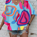 LUNE Mujeres V-cuello Tops de estilo playero con manga murcielago para la primavera y el verano con estampado al azar