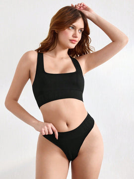 Leisure Conjunto de ropa interior de mujer sin costuras con tejido integrado y elasticidad en Jacquard