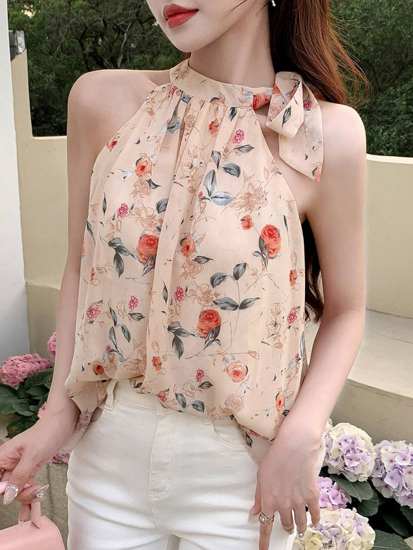 Mujeres elegante camisa de tirantes sin mangas con estampado floral
