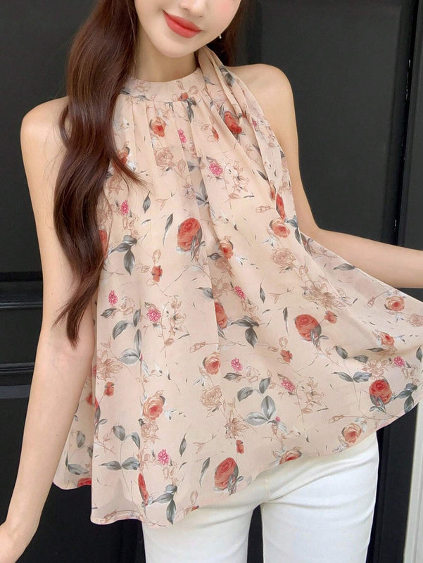 Mujeres elegante camisa de tirantes sin mangas con estampado floral