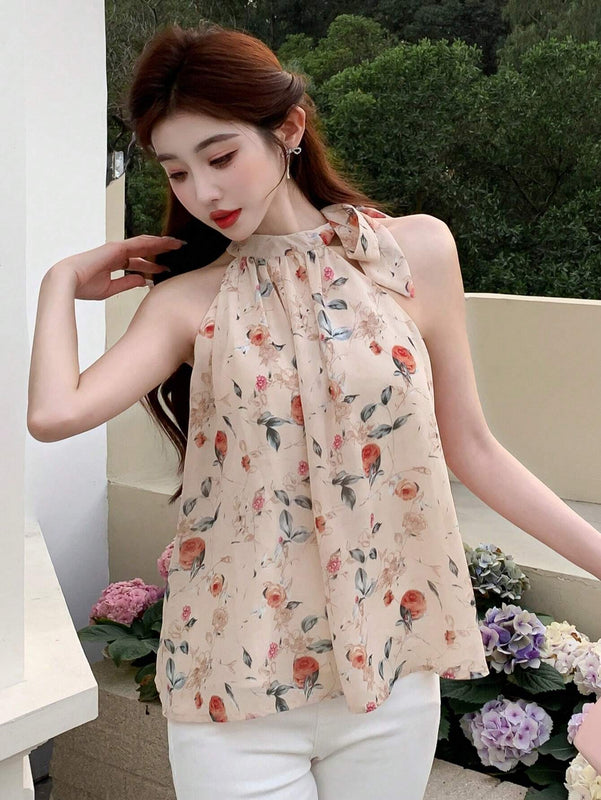 Mujeres elegante camisa de tirantes sin mangas con estampado floral