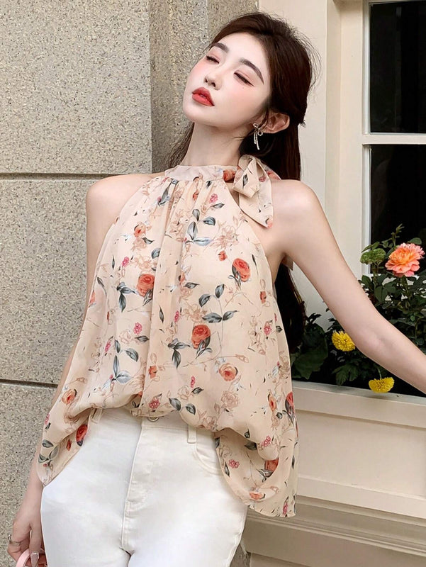 Mujeres elegante camisa de tirantes sin mangas con estampado floral