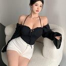 DAZY Blusa casual de cuello halter de primavera para mujer con mangas acampanadas y hombros descubiertos de unicolor
