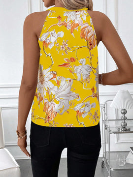 Blusa casual sin mangas de verano para mujer con impresion de flores amarillas y escote con muescas