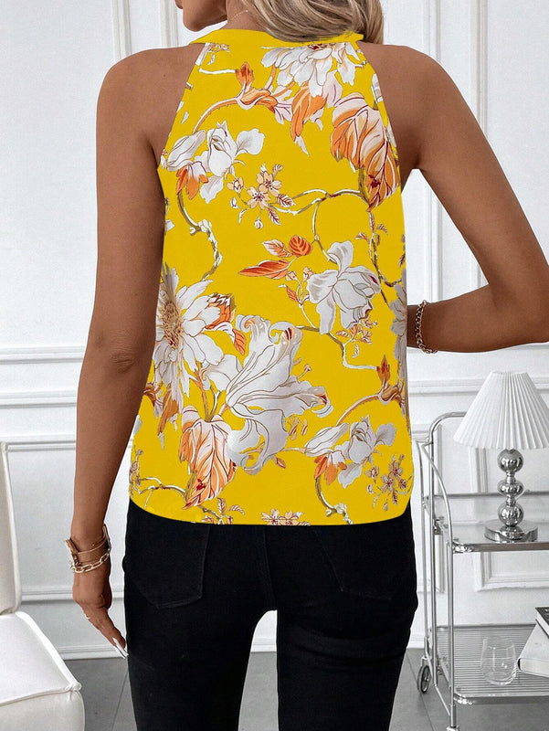 Blusa casual sin mangas de verano para mujer con impresion de flores amarillas y escote con muescas