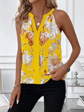 Blusa casual sin mangas de verano para mujer con impresion de flores amarillas y escote con muescas