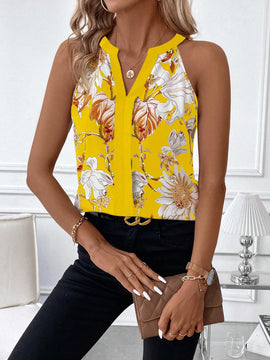 Blusa casual sin mangas de verano para mujer con impresion de flores amarillas y escote con muescas
