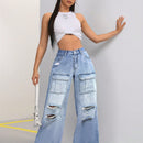 EZwear Pantalones Jeans informales de trabajo de pierna ancha suelta lavados con agua para primavera y verano