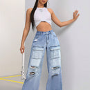 EZwear Pantalones Jeans informales de trabajo de pierna ancha suelta lavados con agua para primavera y verano
