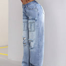 EZwear Pantalones Jeans informales de trabajo de pierna ancha suelta lavados con agua para primavera y verano