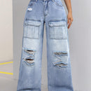 EZwear Pantalones Jeans informales de trabajo de pierna ancha suelta lavados con agua para primavera y verano