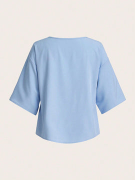 Essnce Camisa De Color Suelto De Longitud Media Con Cuello En V, Adecuada Para Uso Diario En Primavera Y Verano