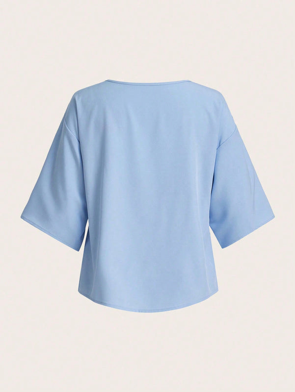 Essnce Camisa De Color Suelto De Longitud Media Con Cuello En V, Adecuada Para Uso Diario En Primavera Y Verano