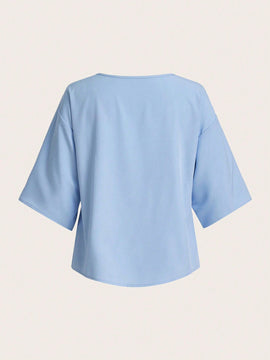 Camisa De Color Suelto De Longitud Media Con Cuello En V, Adecuada Para Uso Diario En Primavera Y Verano