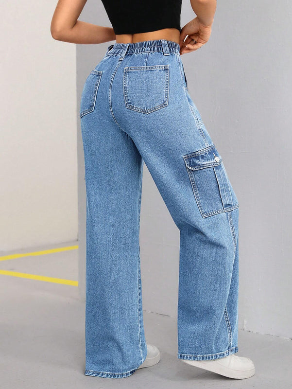 ICON Pantalon Jean casual suelto y comodo para mujer de trabajo con bolsillos
