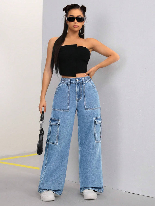 ICON Pantalon Jean casual suelto y comodo para mujer de trabajo con bolsillos