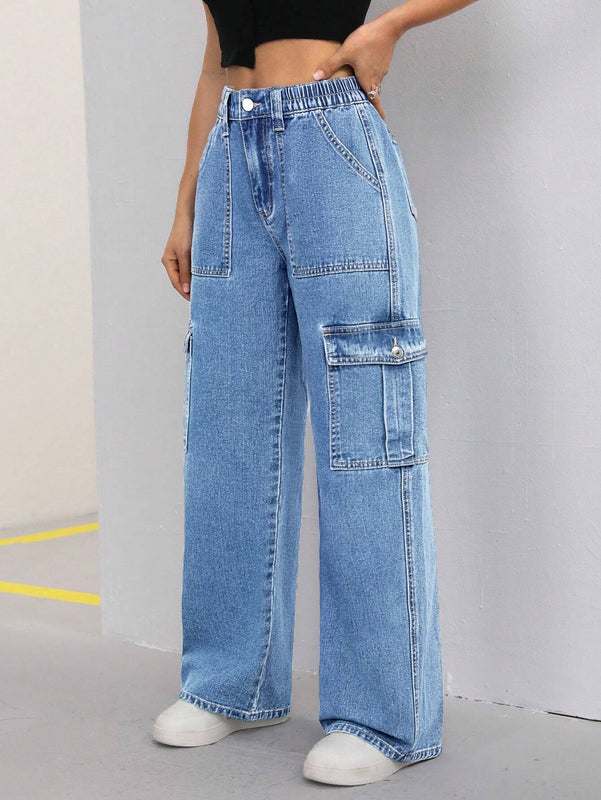 ICON Pantalon Jean casual suelto y comodo para mujer de trabajo con bolsillos