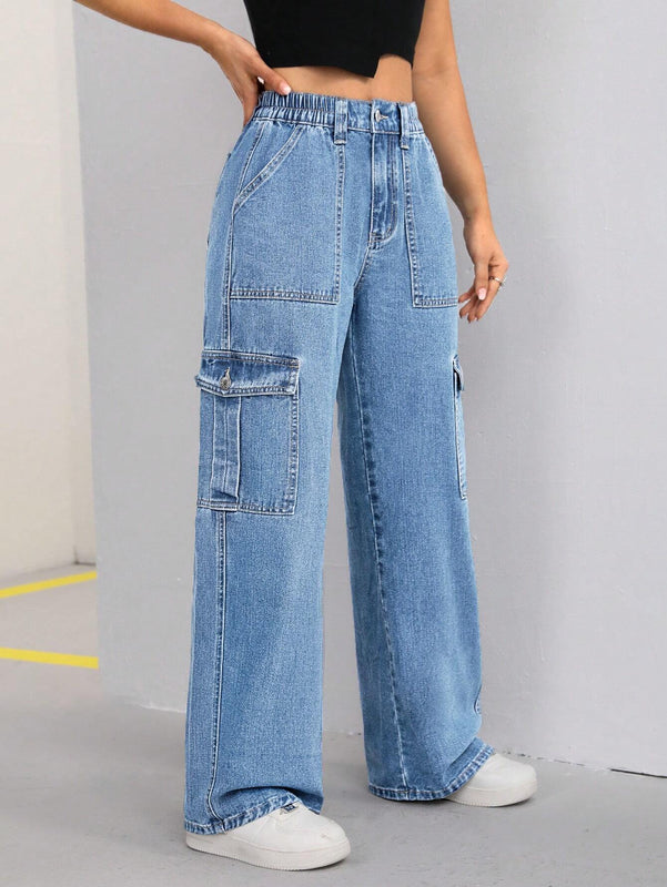 ICON Pantalon Jean casual suelto y comodo para mujer de trabajo con bolsillos
