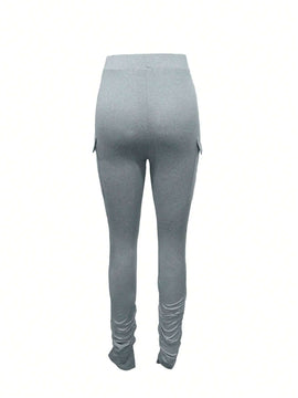 SXY Pantalones casuales de cintura alta con ajuste ajustado y pliegues con diseno de abertura en el dobladillo para mujeres