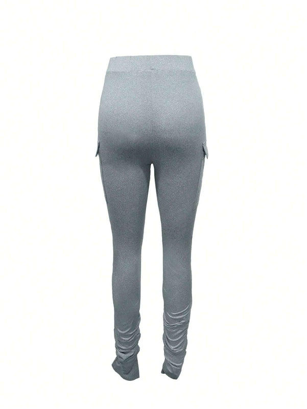 SXY Pantalones casuales de cintura alta con ajuste ajustado y pliegues con diseno de abertura en el dobladillo para mujeres